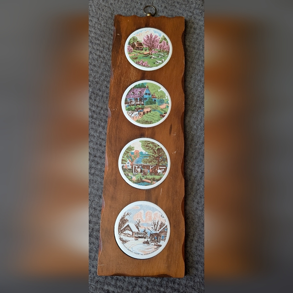 Charming Vintage Brown Wall Art with Scenic Plates